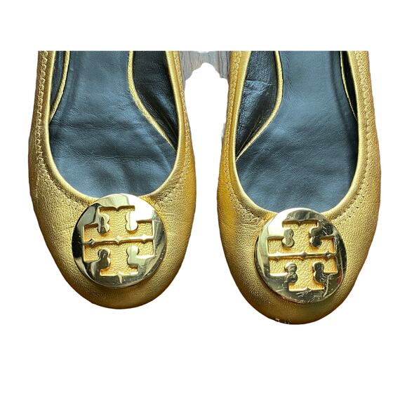 Tory Burch Reva Gold Leather Ballet Flats Women’s Shoes Logo Medallion 7.5 - Picture 3 of 12